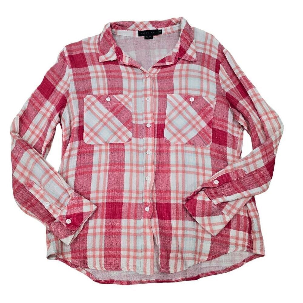 Sanctuary Tomboy Shirt Women's Red Size Medium Plaid Long Sleeve Button Down‎